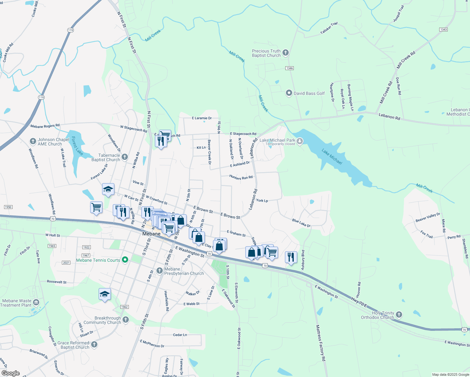 map of restaurants, bars, coffee shops, grocery stores, and more near 600 North 10th Street in Mebane