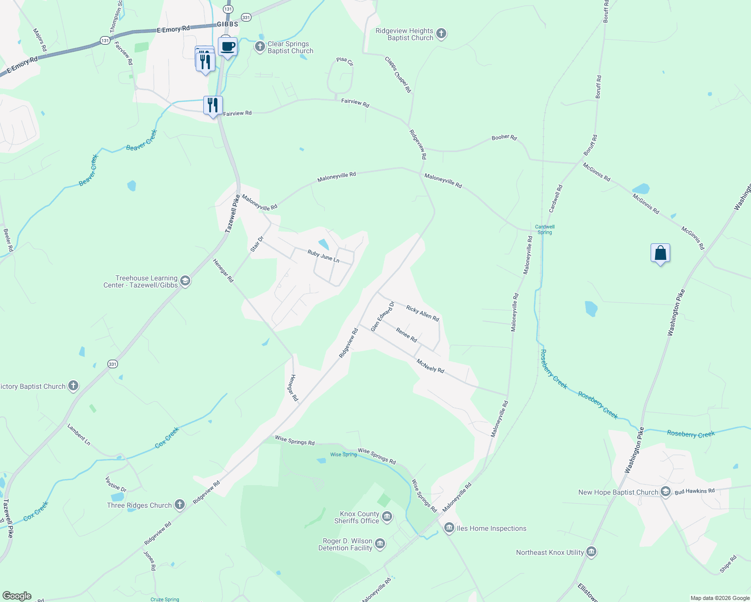 map of restaurants, bars, coffee shops, grocery stores, and more near 7224 Ridgeview Road in Corryton