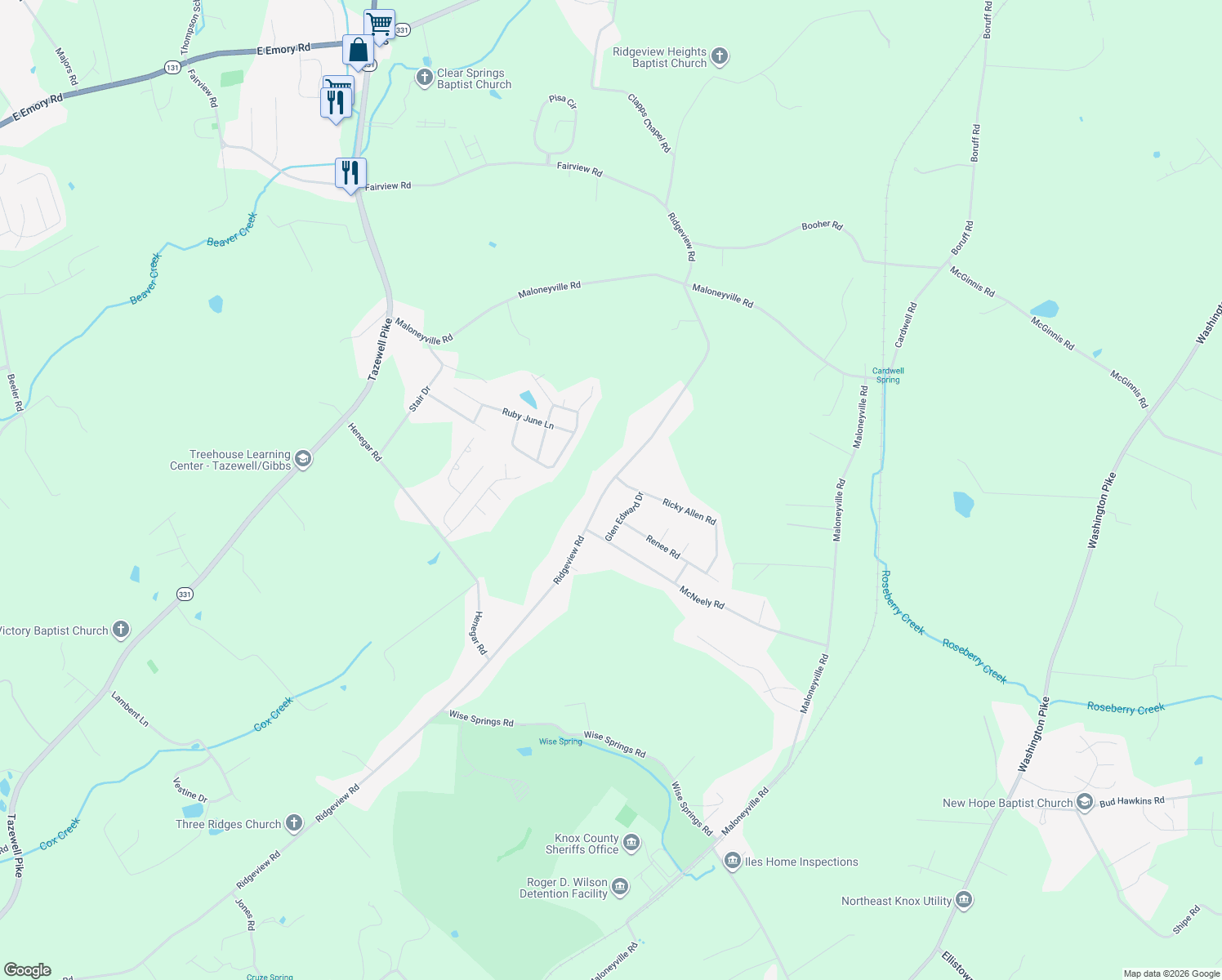 map of restaurants, bars, coffee shops, grocery stores, and more near 7224 Ridgeview Road in Knox County