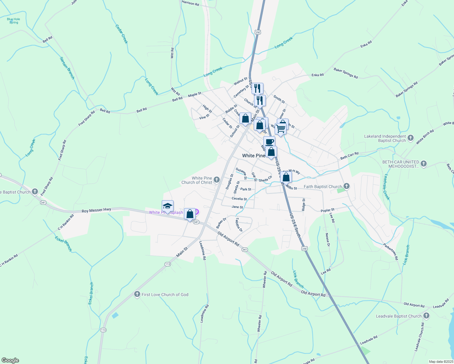 map of restaurants, bars, coffee shops, grocery stores, and more near 1309 Douglas St in White Pine