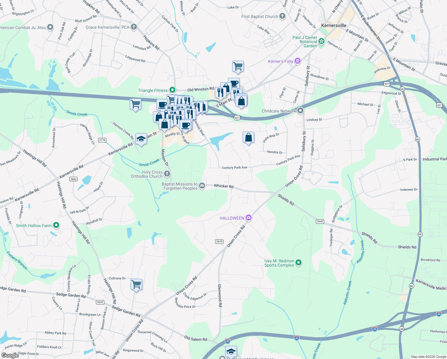 map of restaurants, bars, coffee shops, grocery stores, and more near 1277 Friends Lane in Kernersville