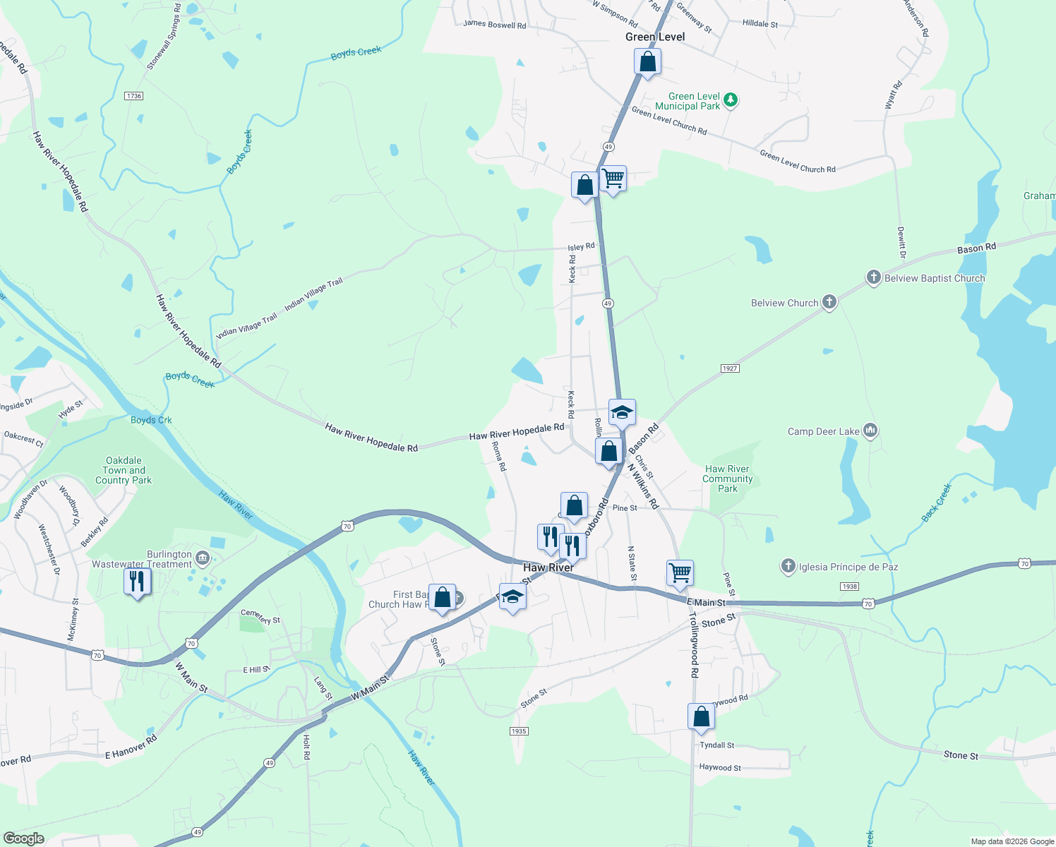 map of restaurants, bars, coffee shops, grocery stores, and more near 722 Haw River Hopedale Road in Burlington