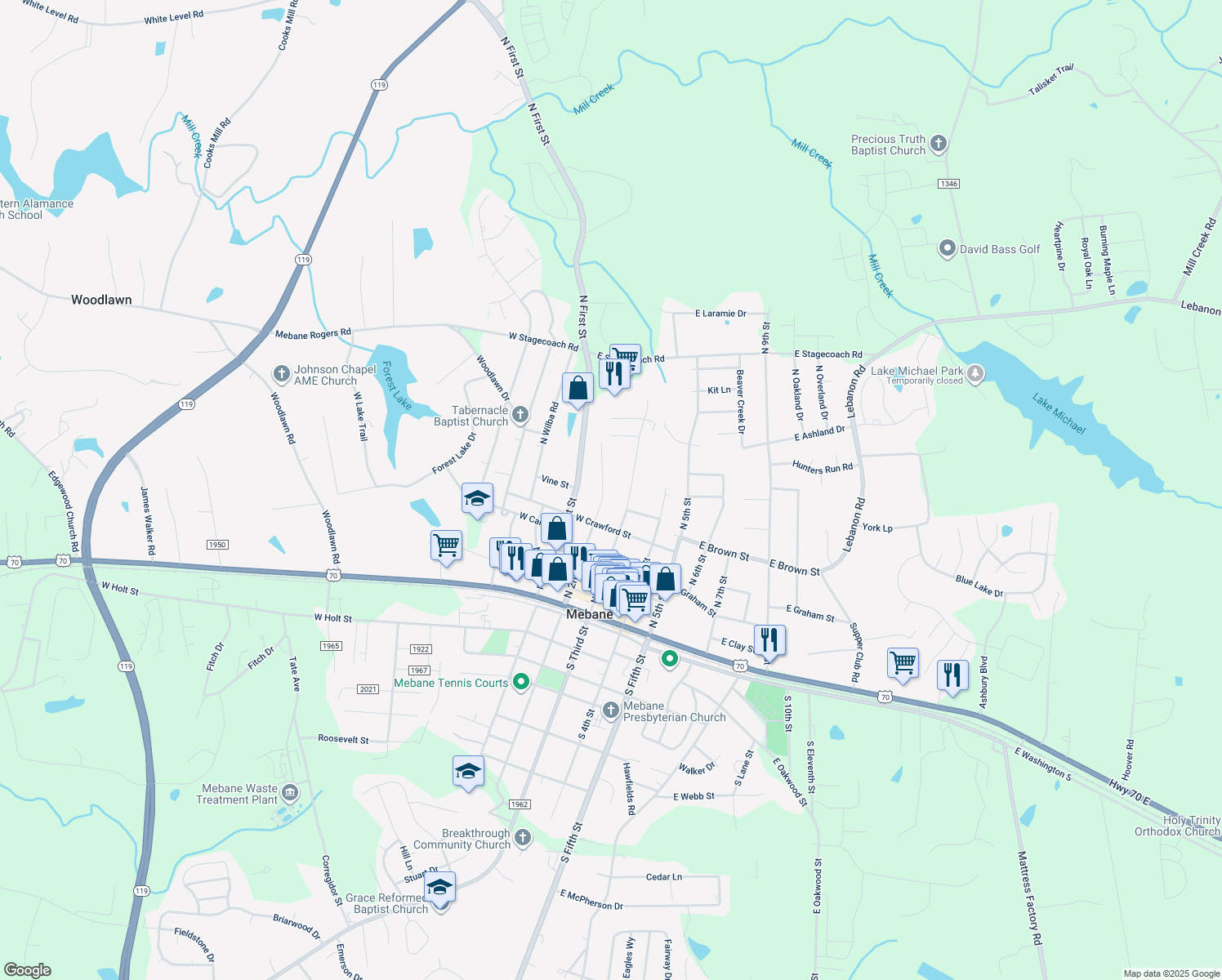 map of restaurants, bars, coffee shops, grocery stores, and more near 510 North 2nd Street in Mebane