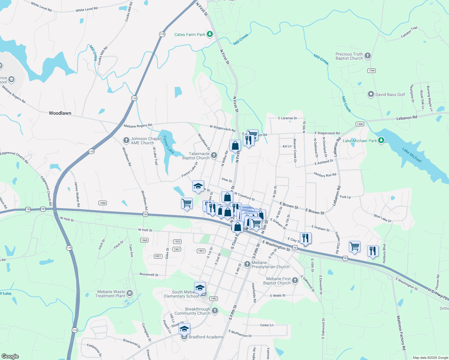 map of restaurants, bars, coffee shops, grocery stores, and more near 209 West Jackson Street in Mebane