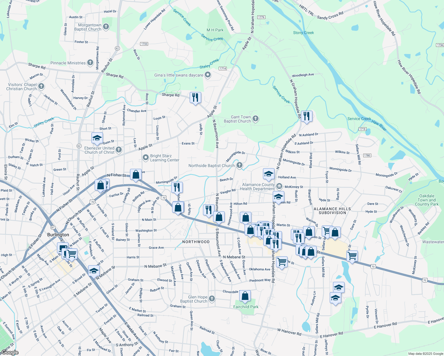 map of restaurants, bars, coffee shops, grocery stores, and more near 1410 Beech Drive in Burlington