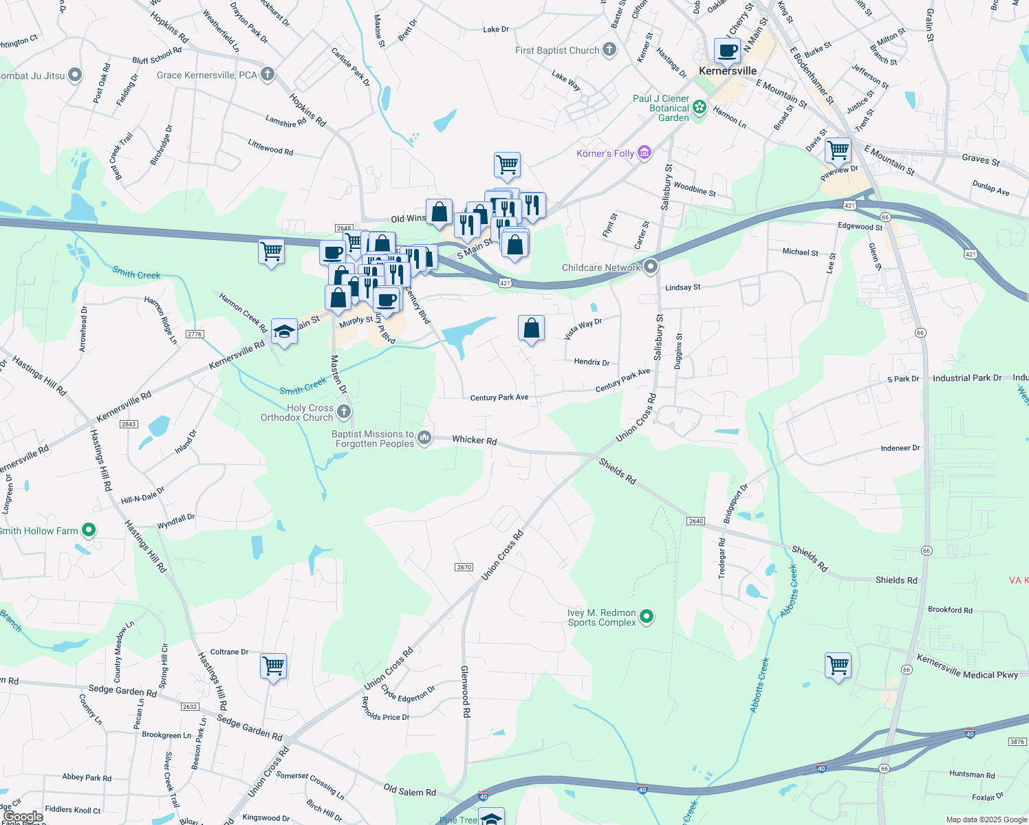 map of restaurants, bars, coffee shops, grocery stores, and more near 405 Century Court in Kernersville