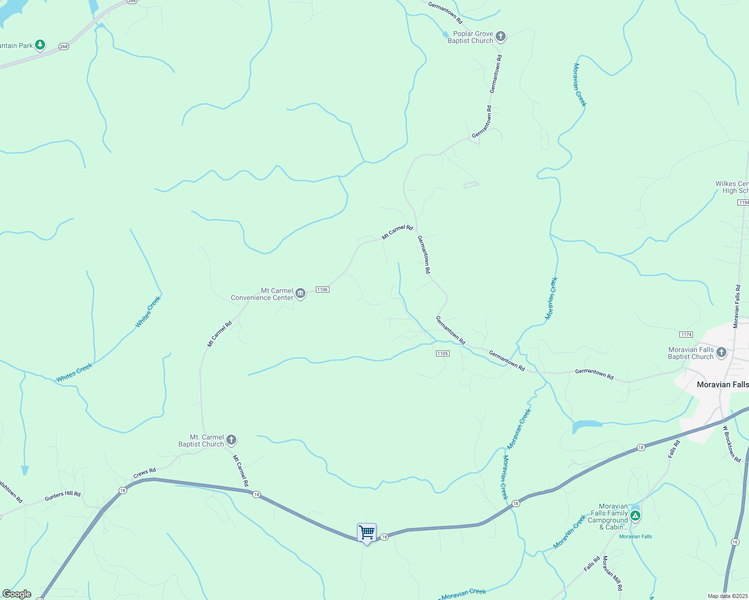 map of restaurants, bars, coffee shops, grocery stores, and more near Mount Carmel Road in Moravian Falls