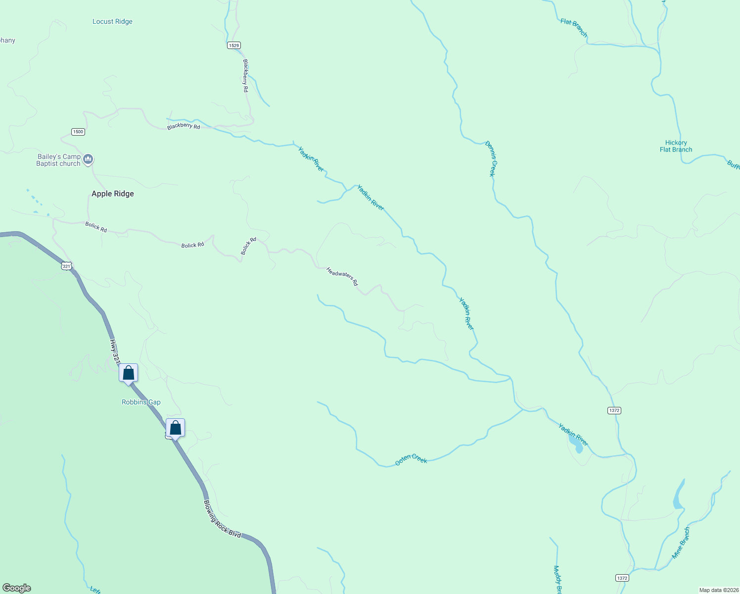 map of restaurants, bars, coffee shops, grocery stores, and more near 9291-9331 Headwaters Road in Lenoir