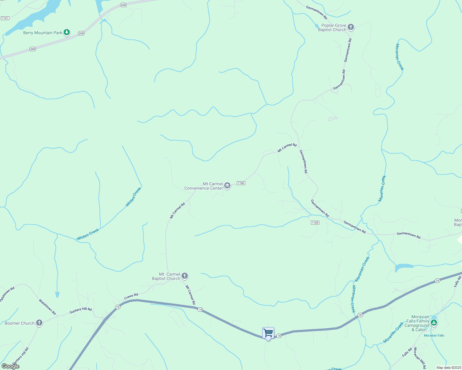map of restaurants, bars, coffee shops, grocery stores, and more near Mount Carmel Road in Moravian Falls