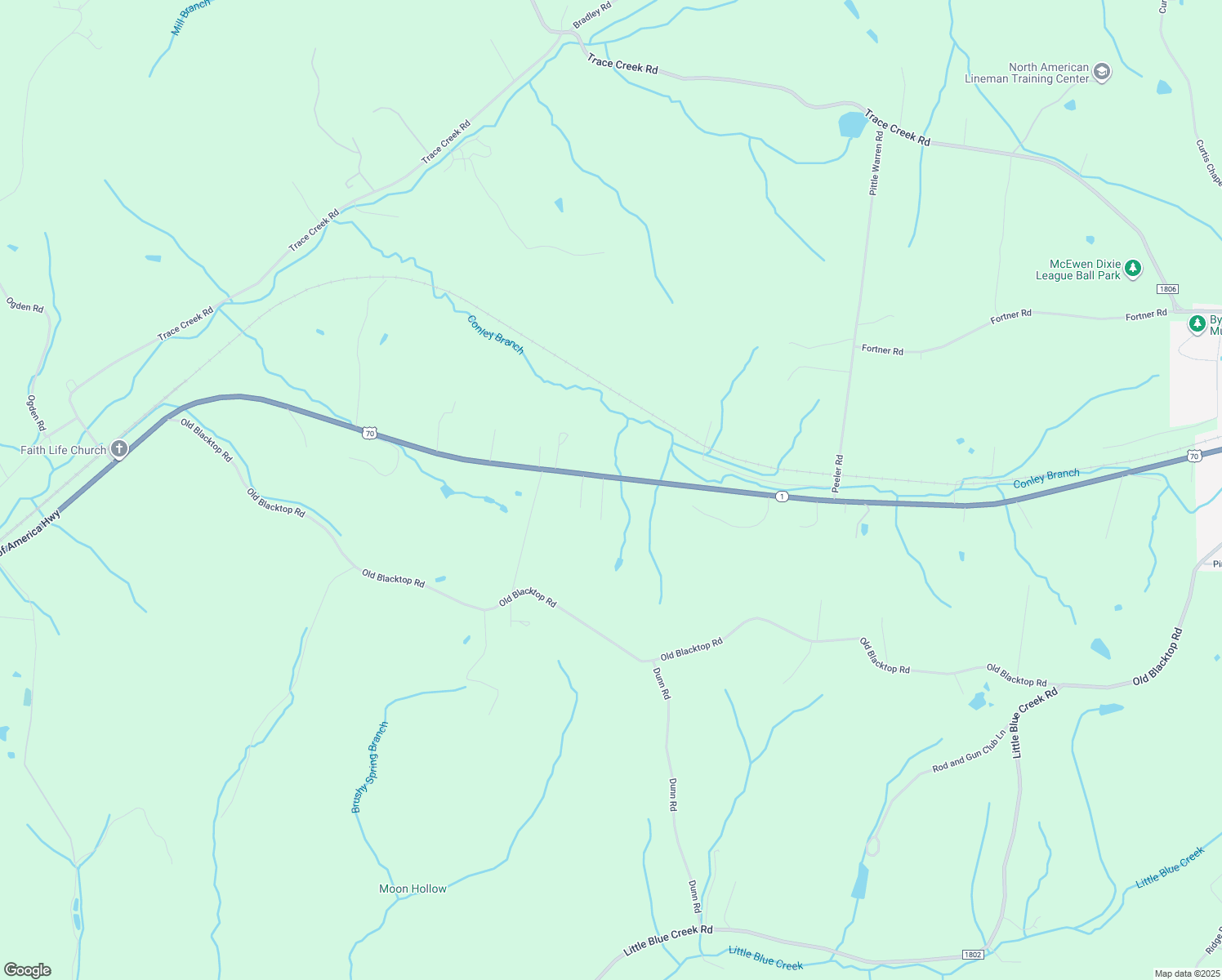 map of restaurants, bars, coffee shops, grocery stores, and more near 55 Windy Trace Drive in McEwen