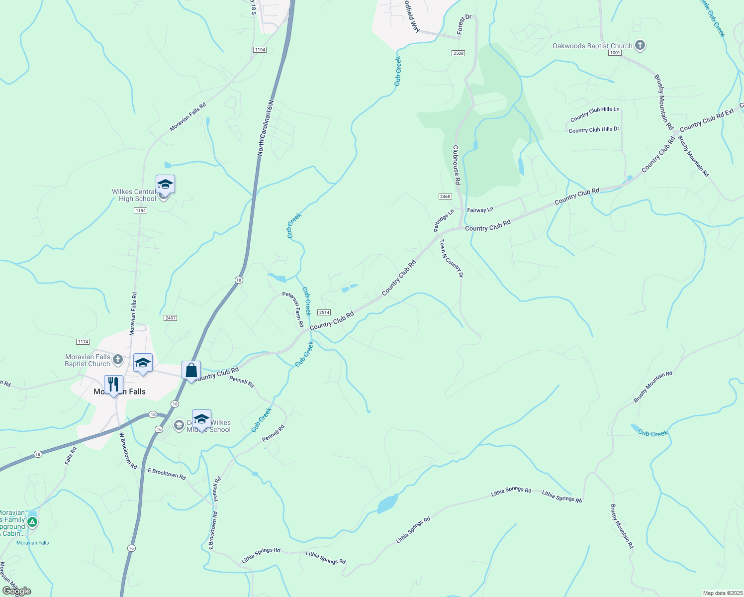 map of restaurants, bars, coffee shops, grocery stores, and more near 1694 Country Club Road in Wilkesboro