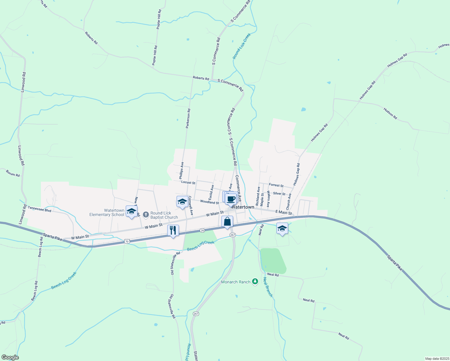 map of restaurants, bars, coffee shops, grocery stores, and more near 321 N Central Ave in Watertown