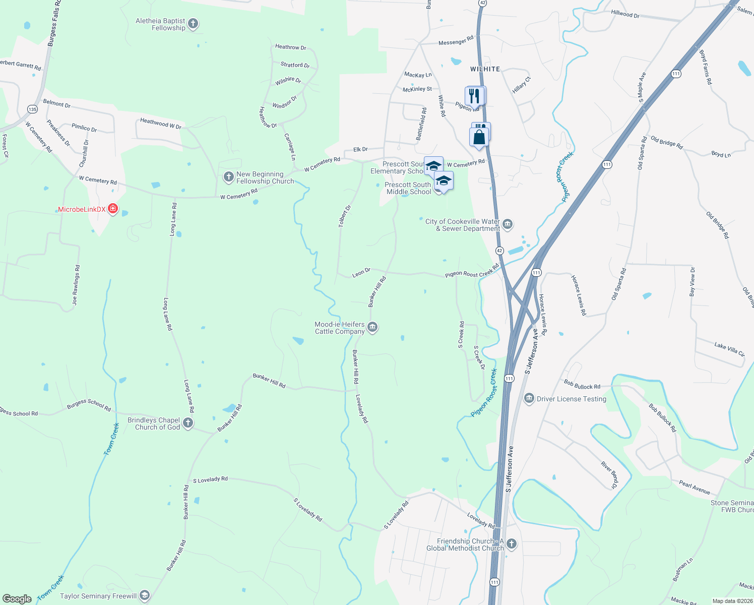 map of restaurants, bars, coffee shops, grocery stores, and more near 4160 Bunker Hill Road in Cookeville