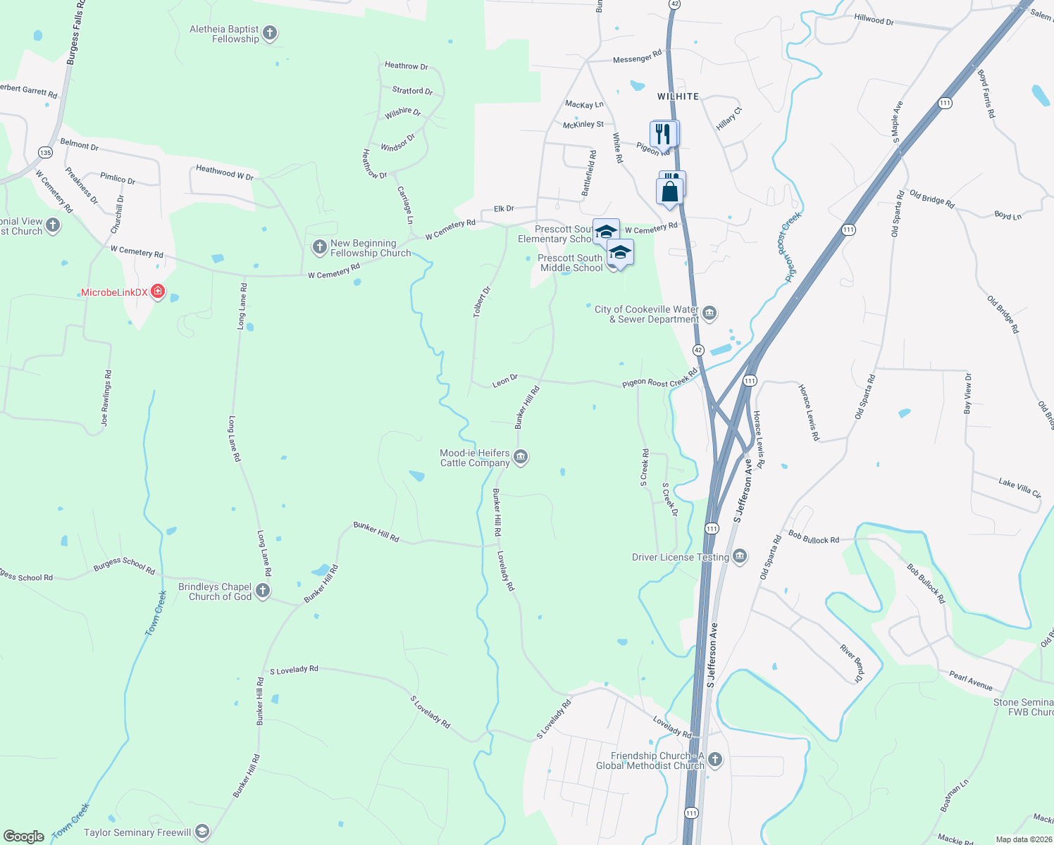 map of restaurants, bars, coffee shops, grocery stores, and more near 4160 Bunker Hill Road in Cookeville