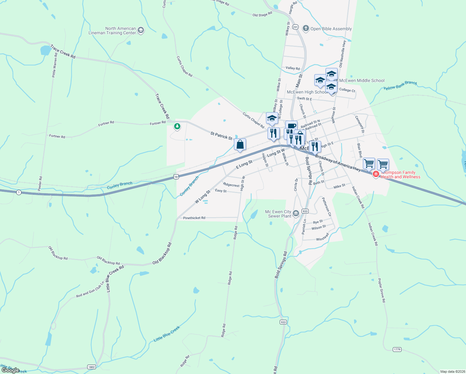 map of restaurants, bars, coffee shops, grocery stores, and more near 77 Ridgecrest in McEwen