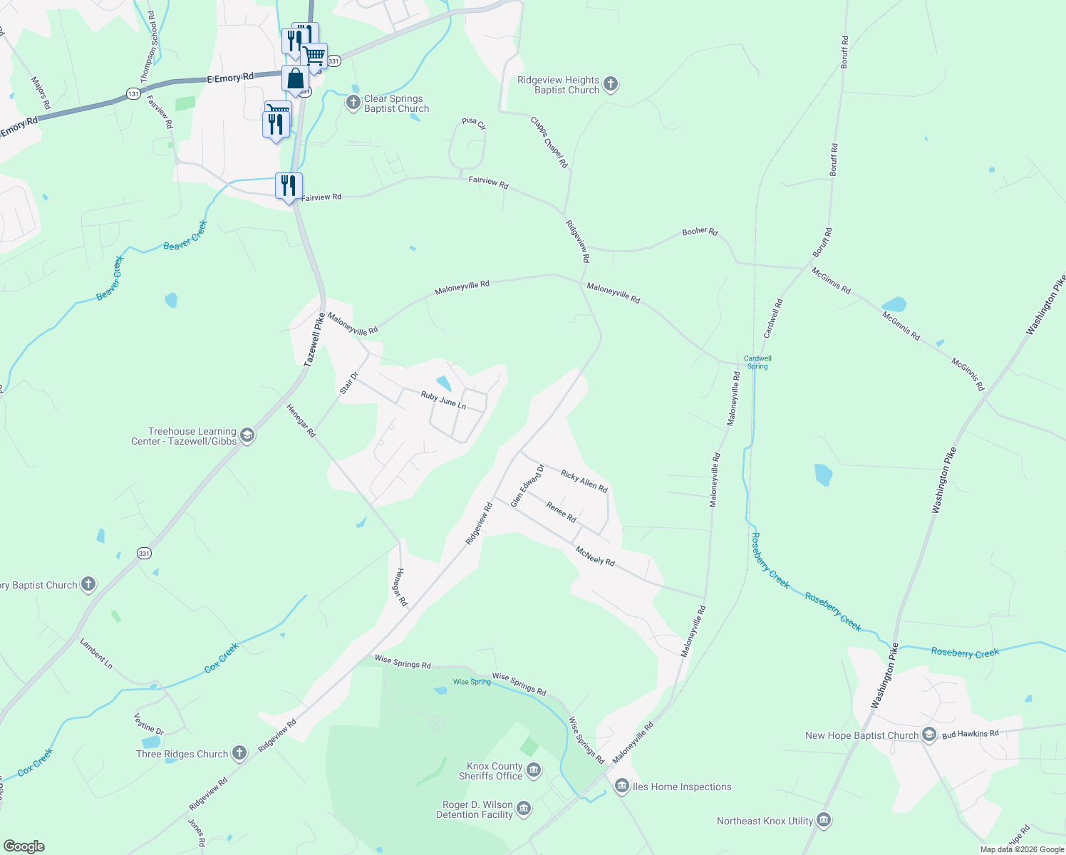 map of restaurants, bars, coffee shops, grocery stores, and more near 7339 Ridgeview Road in Corryton