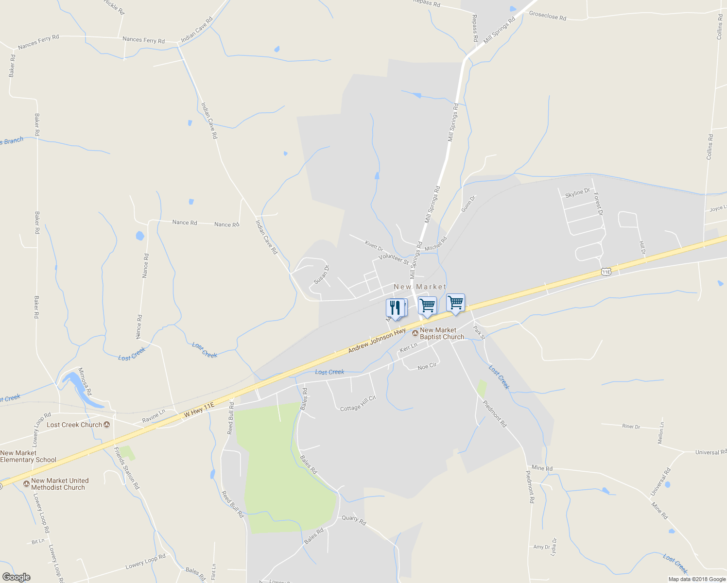 map of restaurants, bars, coffee shops, grocery stores, and more near 1054 Indian Cave Road in New Market