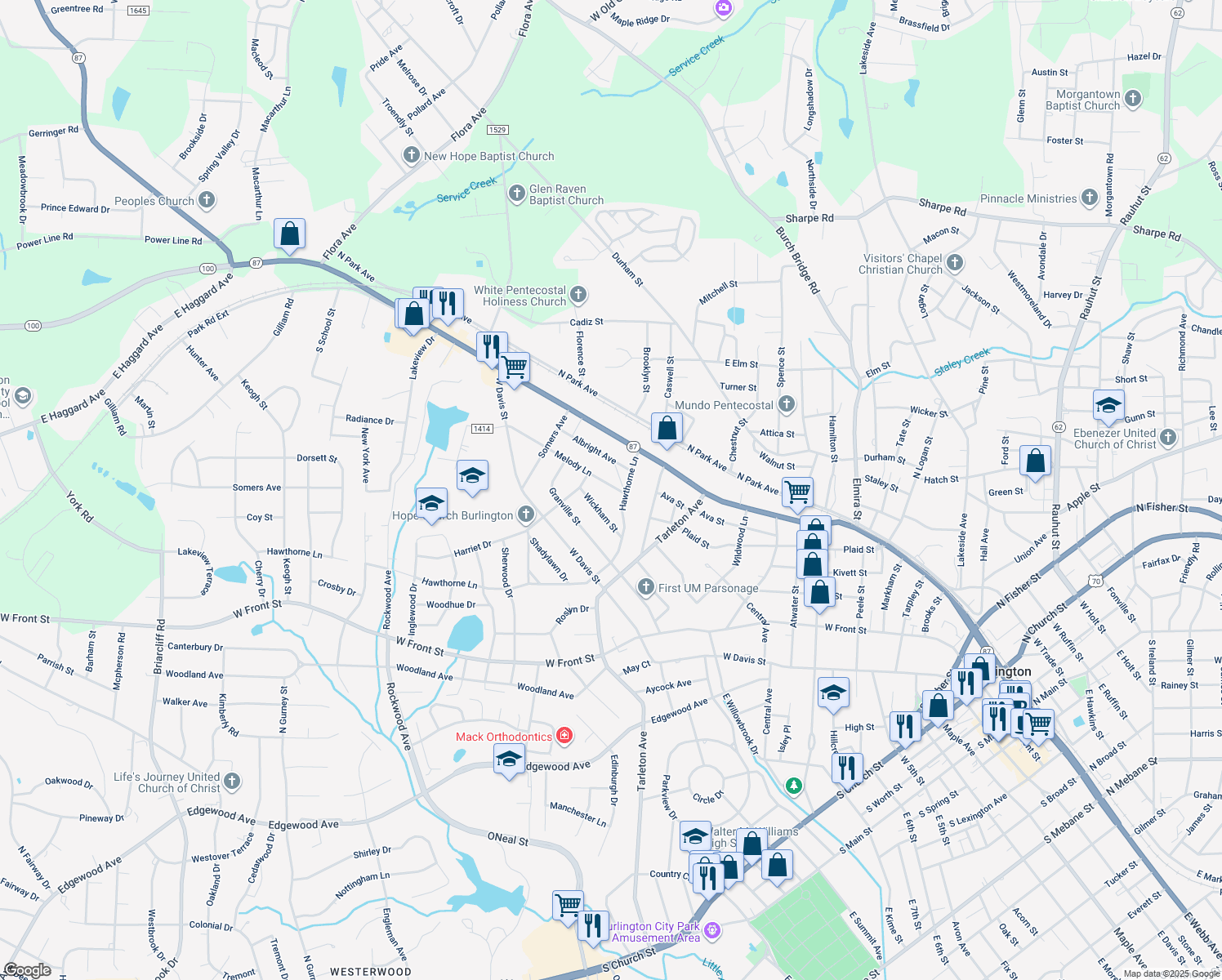 map of restaurants, bars, coffee shops, grocery stores, and more near 1510 Melody Lane in Burlington