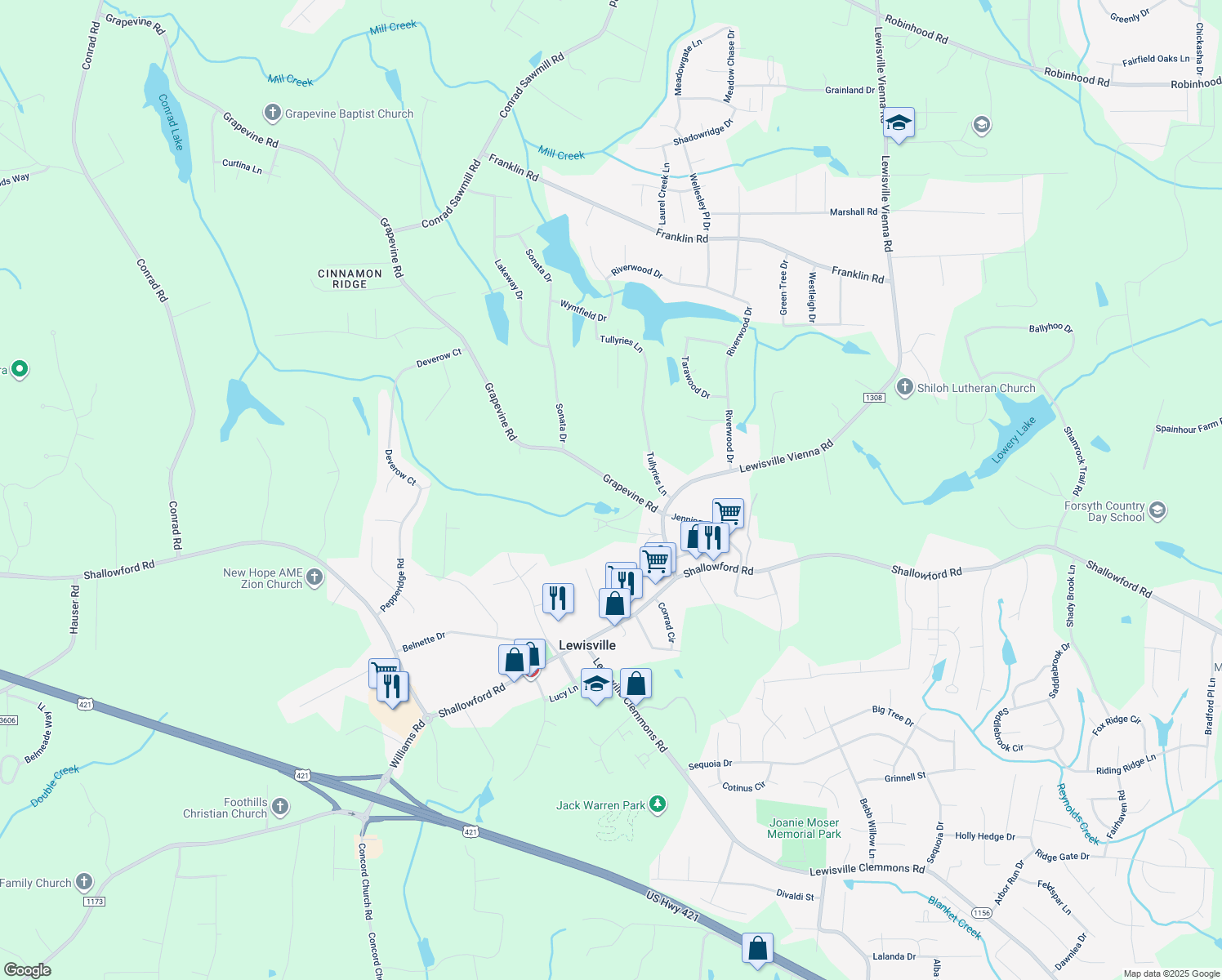 map of restaurants, bars, coffee shops, grocery stores, and more near 7542 Grapevine Rd in Lewisville