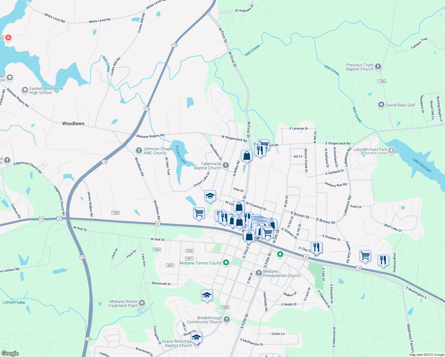 map of restaurants, bars, coffee shops, grocery stores, and more near 515 N Charles St in Mebane