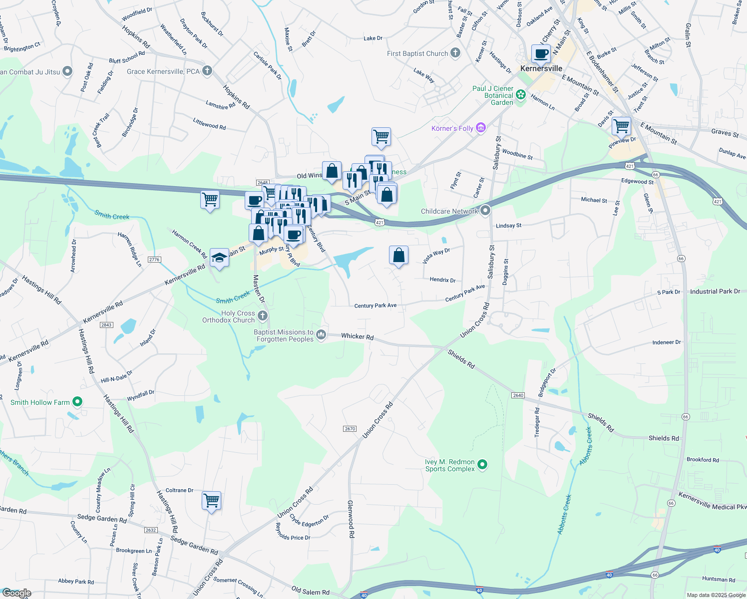 map of restaurants, bars, coffee shops, grocery stores, and more near 1210 Century Park Avenue in Kernersville