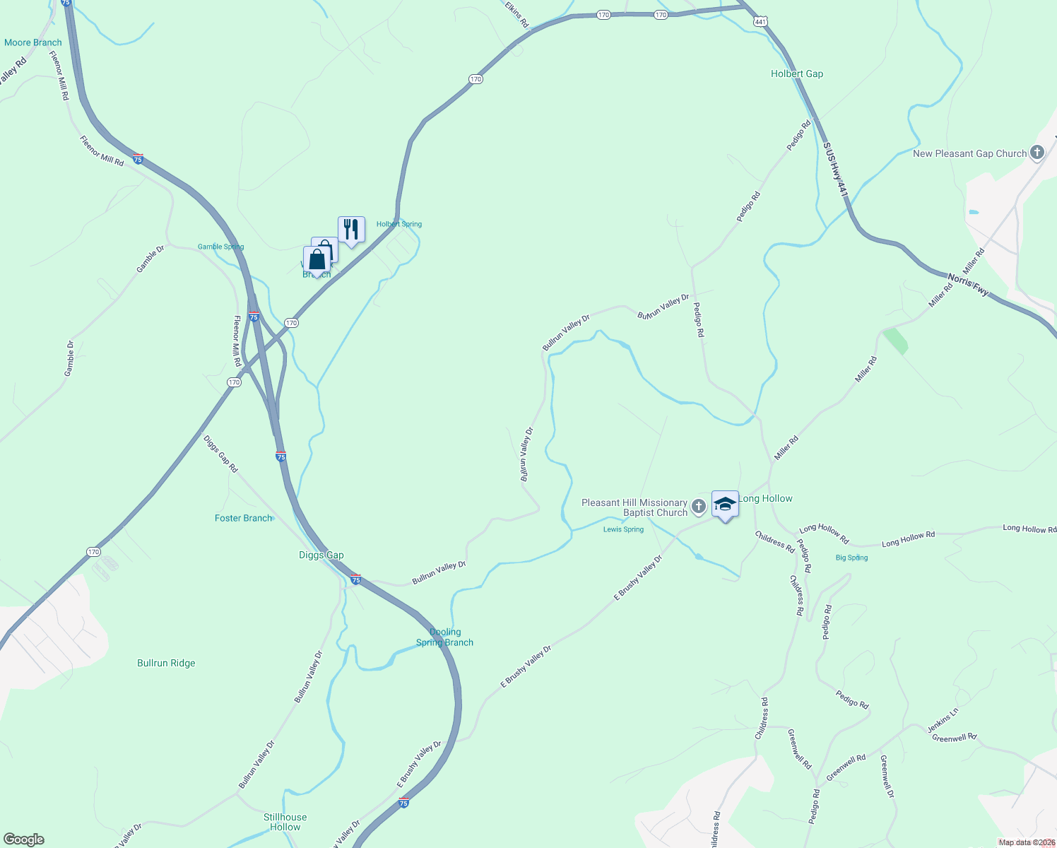 map of restaurants, bars, coffee shops, grocery stores, and more near 2301 Bullrun Valley Drive in Powell