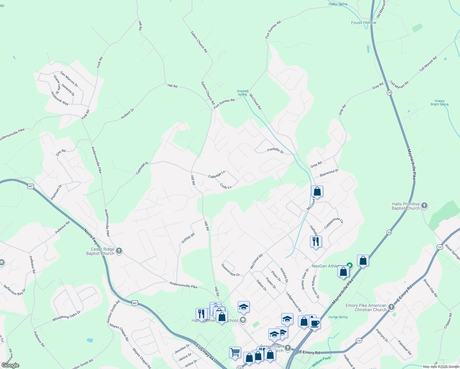 map of restaurants, bars, coffee shops, grocery stores, and more near 4715 Country Lane in Knoxville