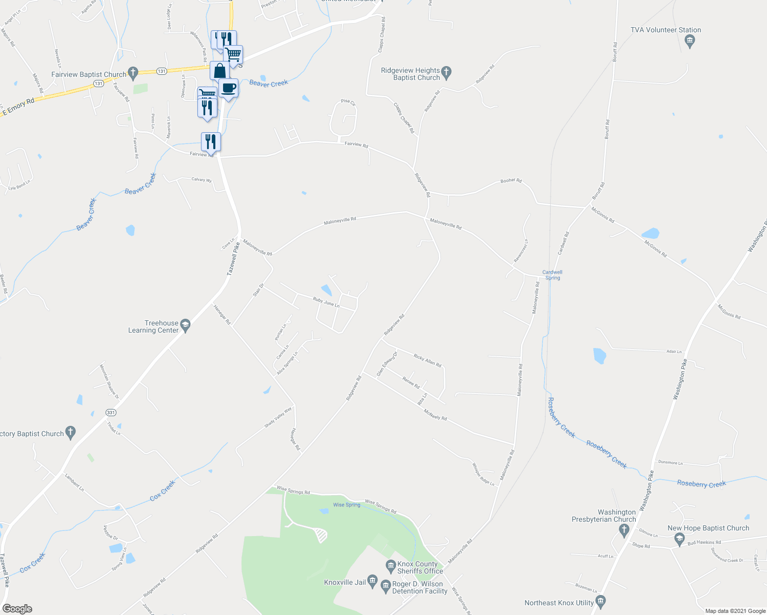 map of restaurants, bars, coffee shops, grocery stores, and more near 7339 Ridgeview Road in Corryton