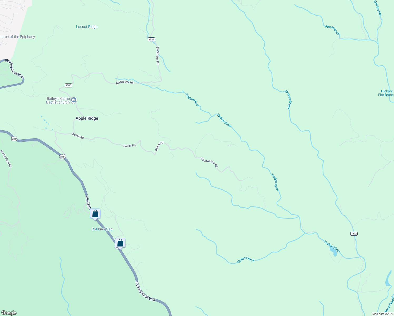 map of restaurants, bars, coffee shops, grocery stores, and more near 9291 Headwaters Road in Lenoir