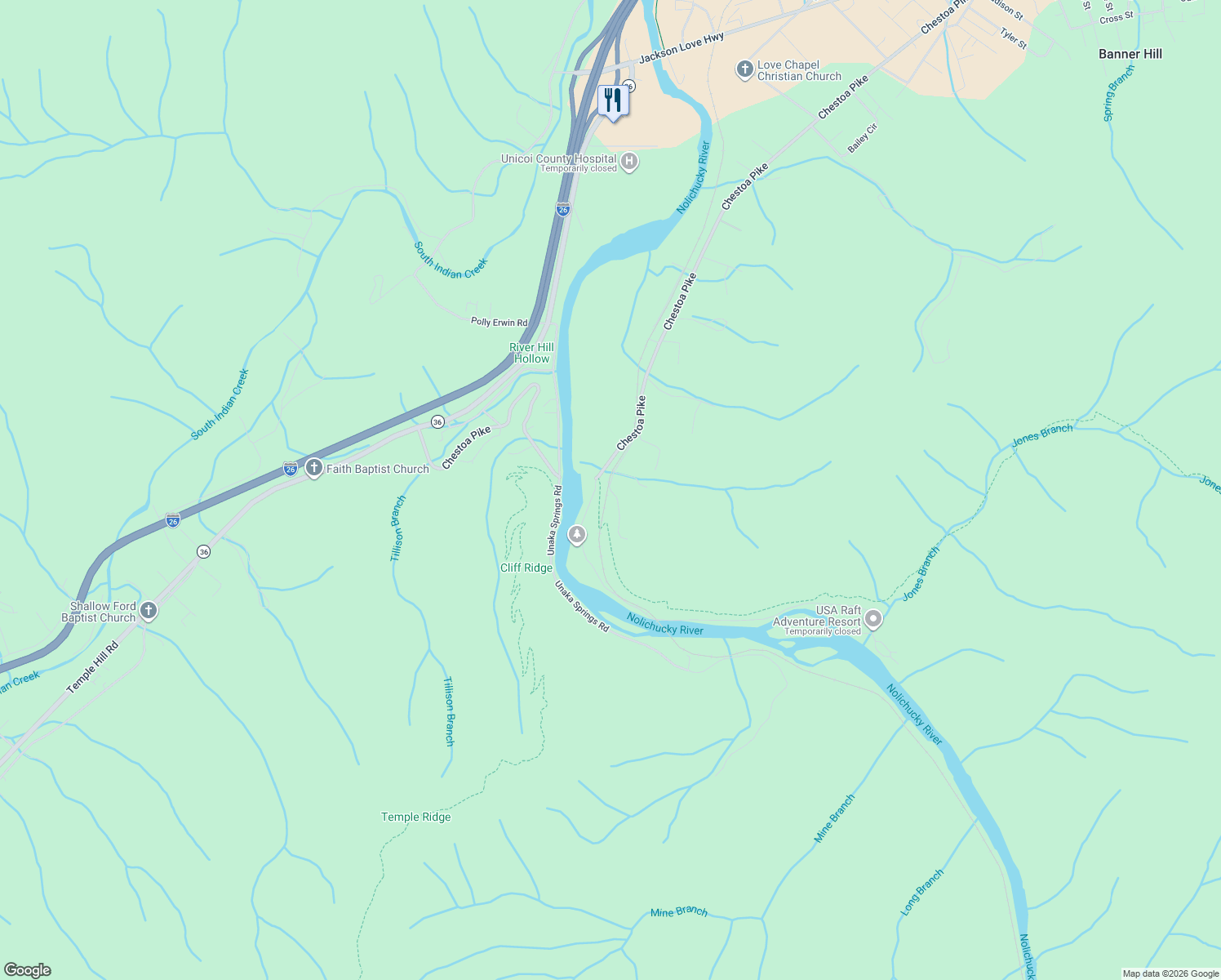 map of restaurants, bars, coffee shops, grocery stores, and more near 140 J B Griffith Road in Erwin