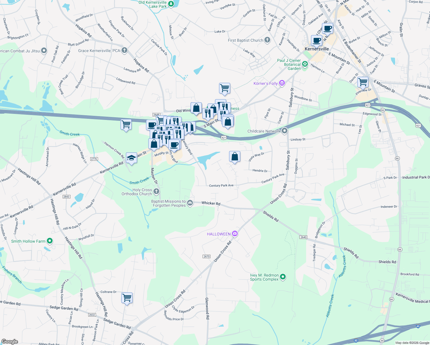 map of restaurants, bars, coffee shops, grocery stores, and more near 312 Lakeside Court in Kernersville