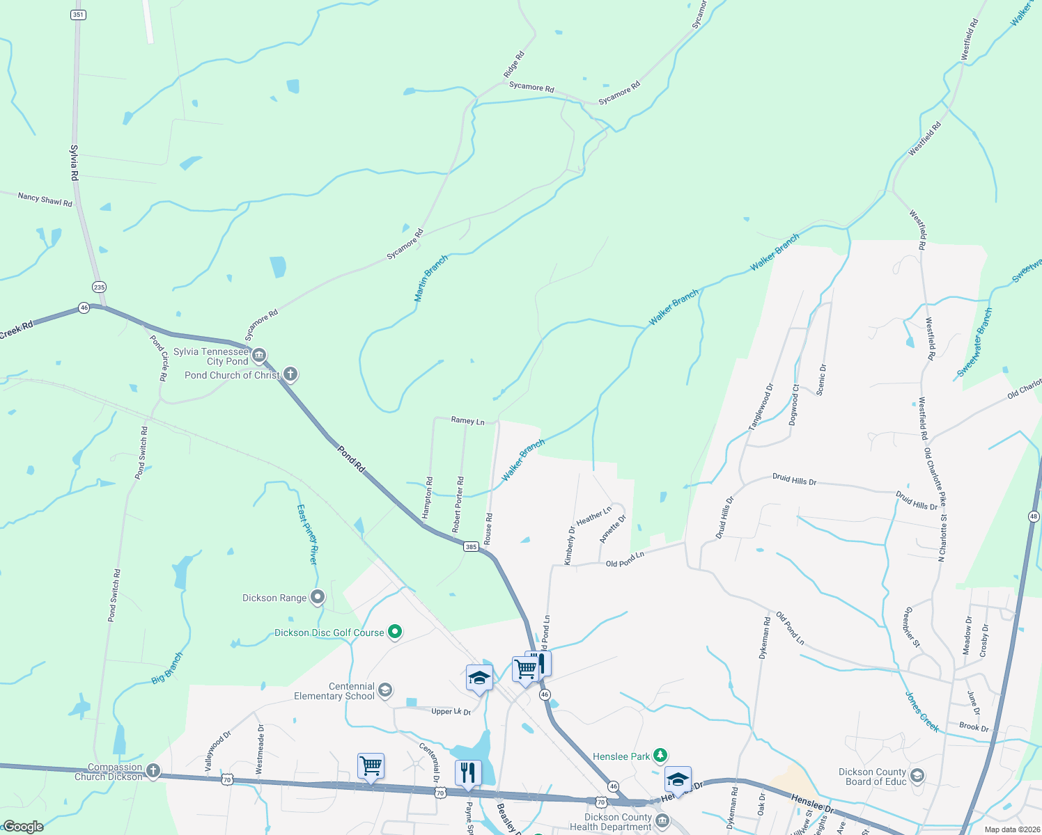 map of restaurants, bars, coffee shops, grocery stores, and more near 206 Rouse Road in Dickson