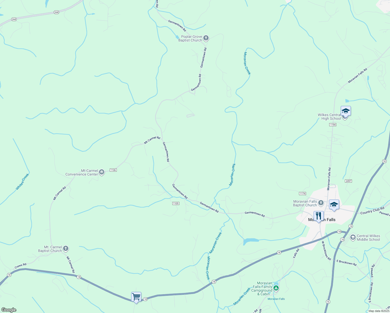 map of restaurants, bars, coffee shops, grocery stores, and more near 2539 Germantown Road in Moravian Falls