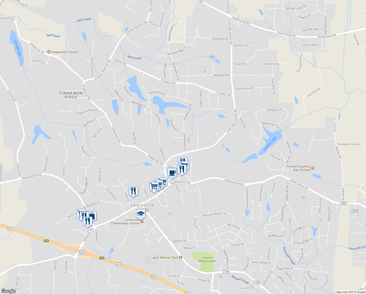 map of restaurants, bars, coffee shops, grocery stores, and more near 372 Riverwood Drive in Lewisville