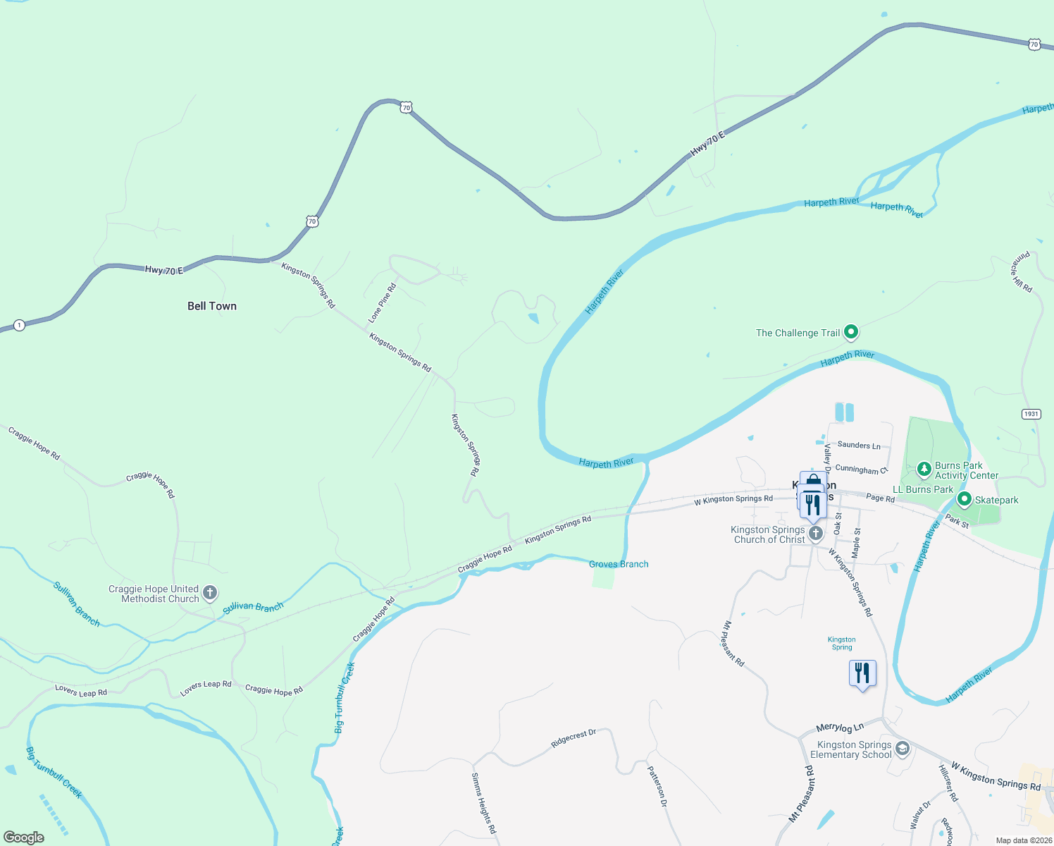 map of restaurants, bars, coffee shops, grocery stores, and more near 1030 Pine Bluff Road in Kingston Springs