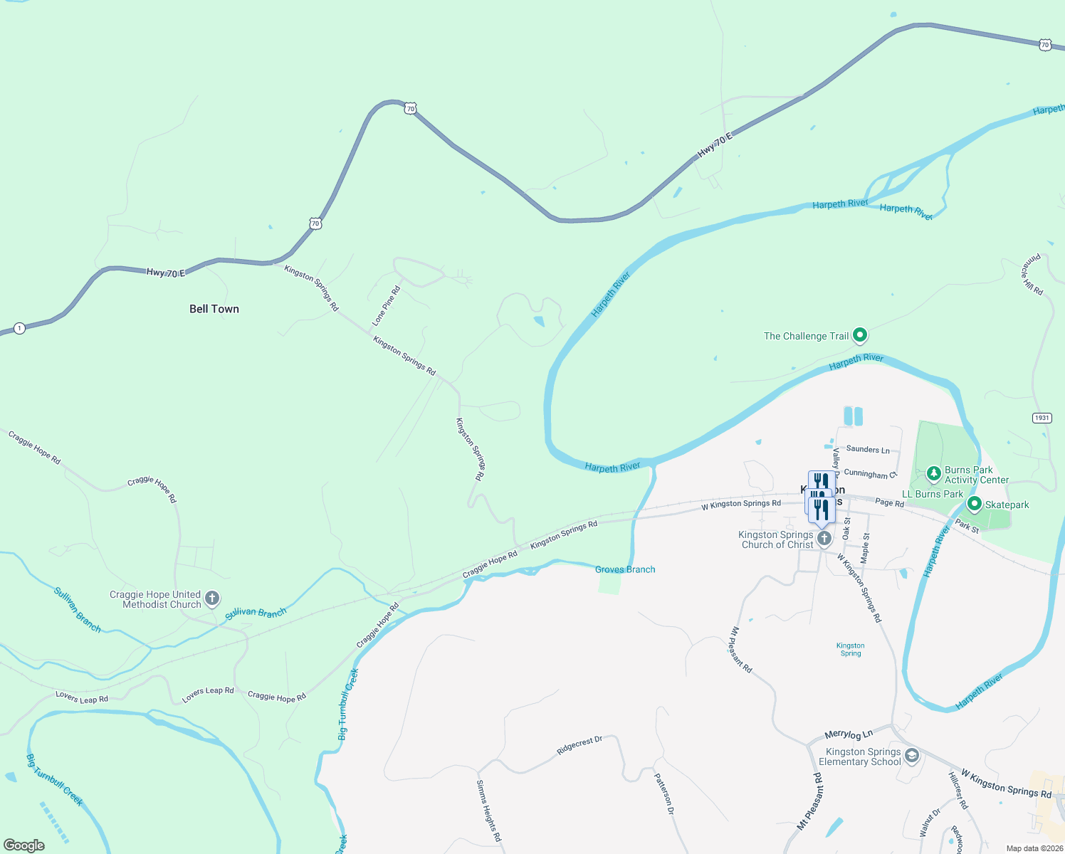 map of restaurants, bars, coffee shops, grocery stores, and more near 1030 Pine Bluff Rd in Kingston Springs