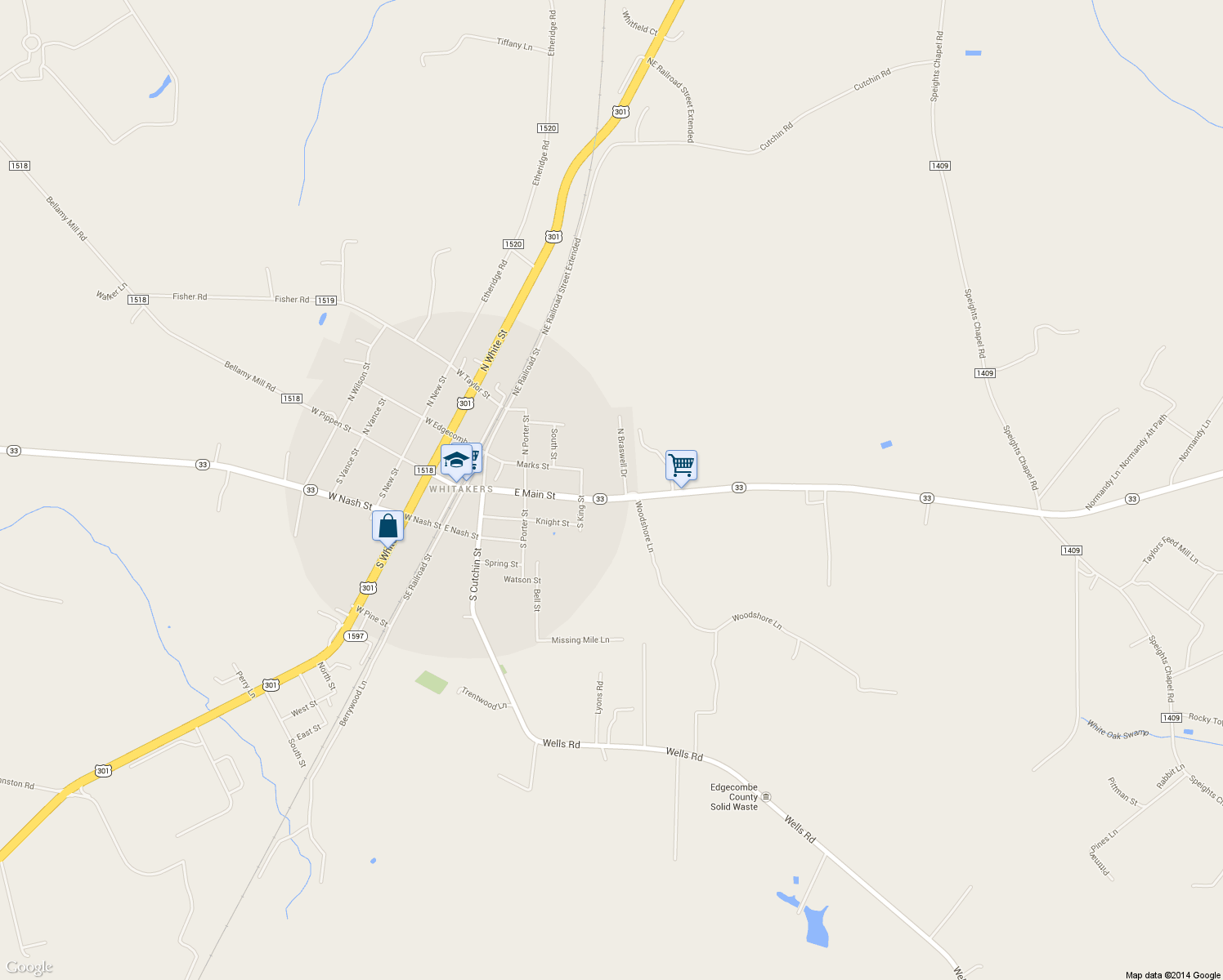 map of restaurants, bars, coffee shops, grocery stores, and more near 410 East Main Street in Whitakers