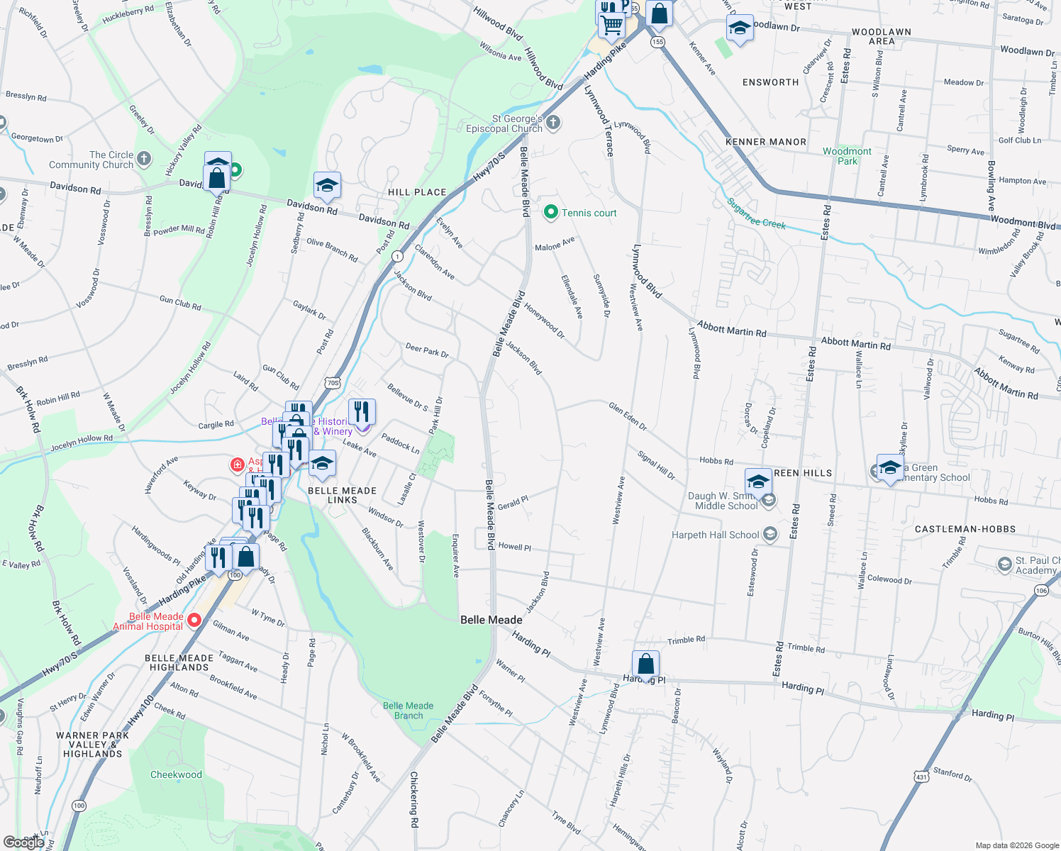 map of restaurants, bars, coffee shops, grocery stores, and more near 518 Park Center Avenue in Nashville