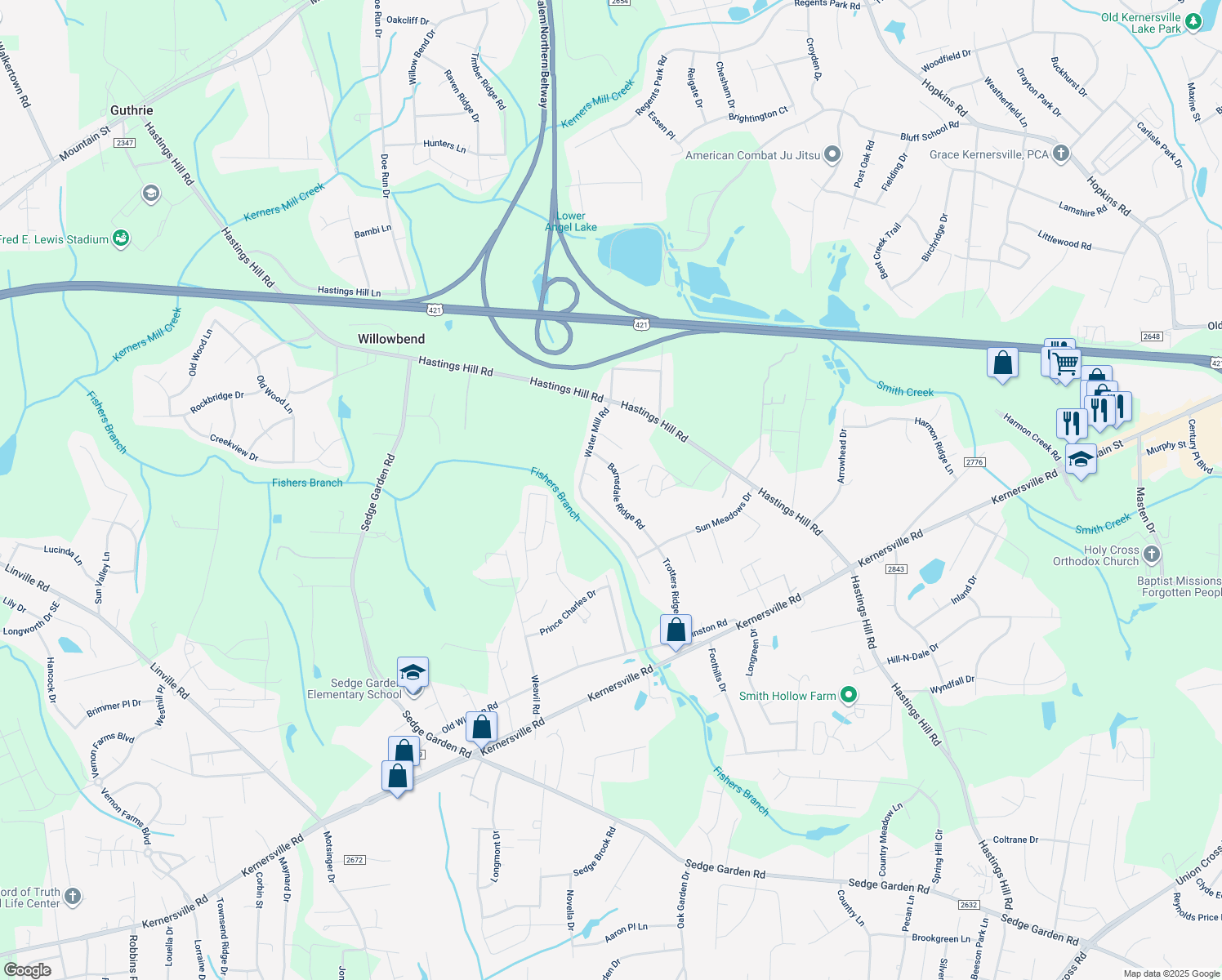 map of restaurants, bars, coffee shops, grocery stores, and more near 508 Barnsdale Ridge Road in Kernersville