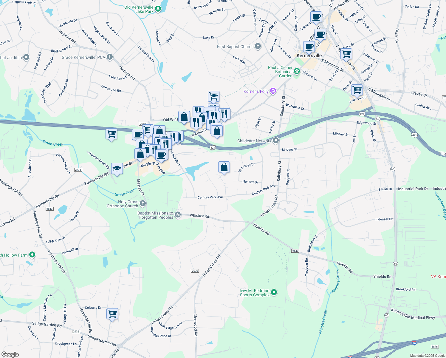 map of restaurants, bars, coffee shops, grocery stores, and more near 329 Brookside Ct in Kernersville