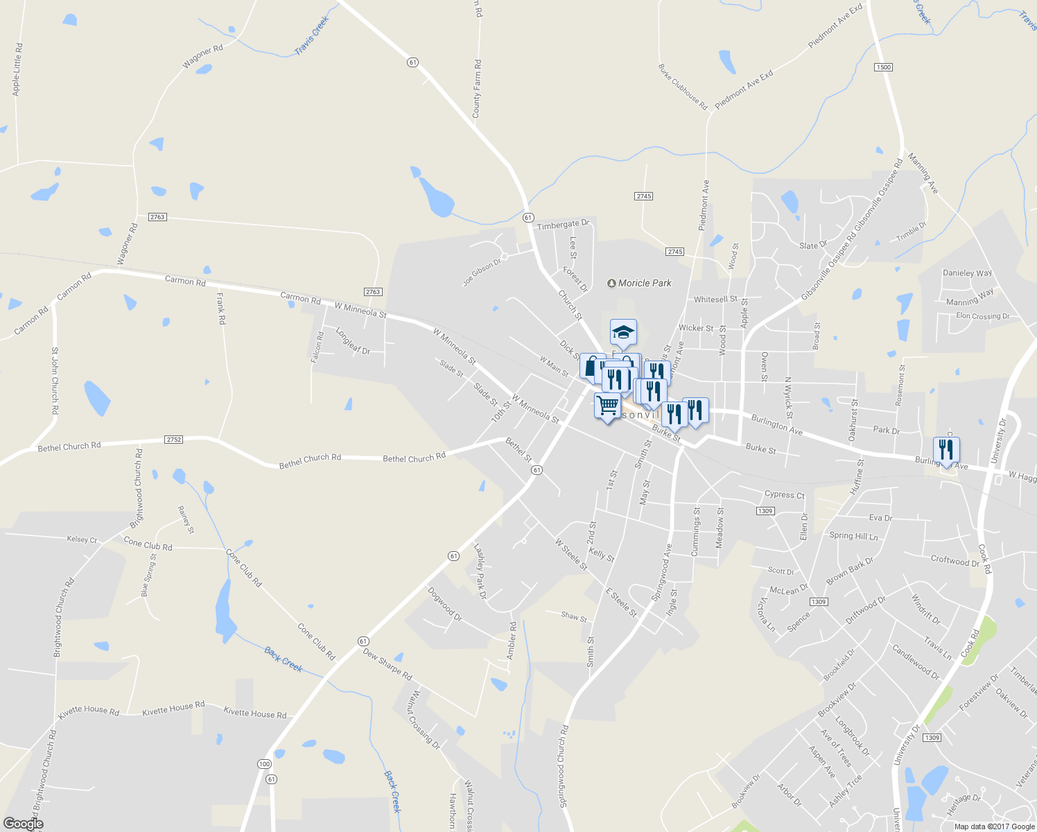 map of restaurants, bars, coffee shops, grocery stores, and more near 404 Willow Court in Gibsonville