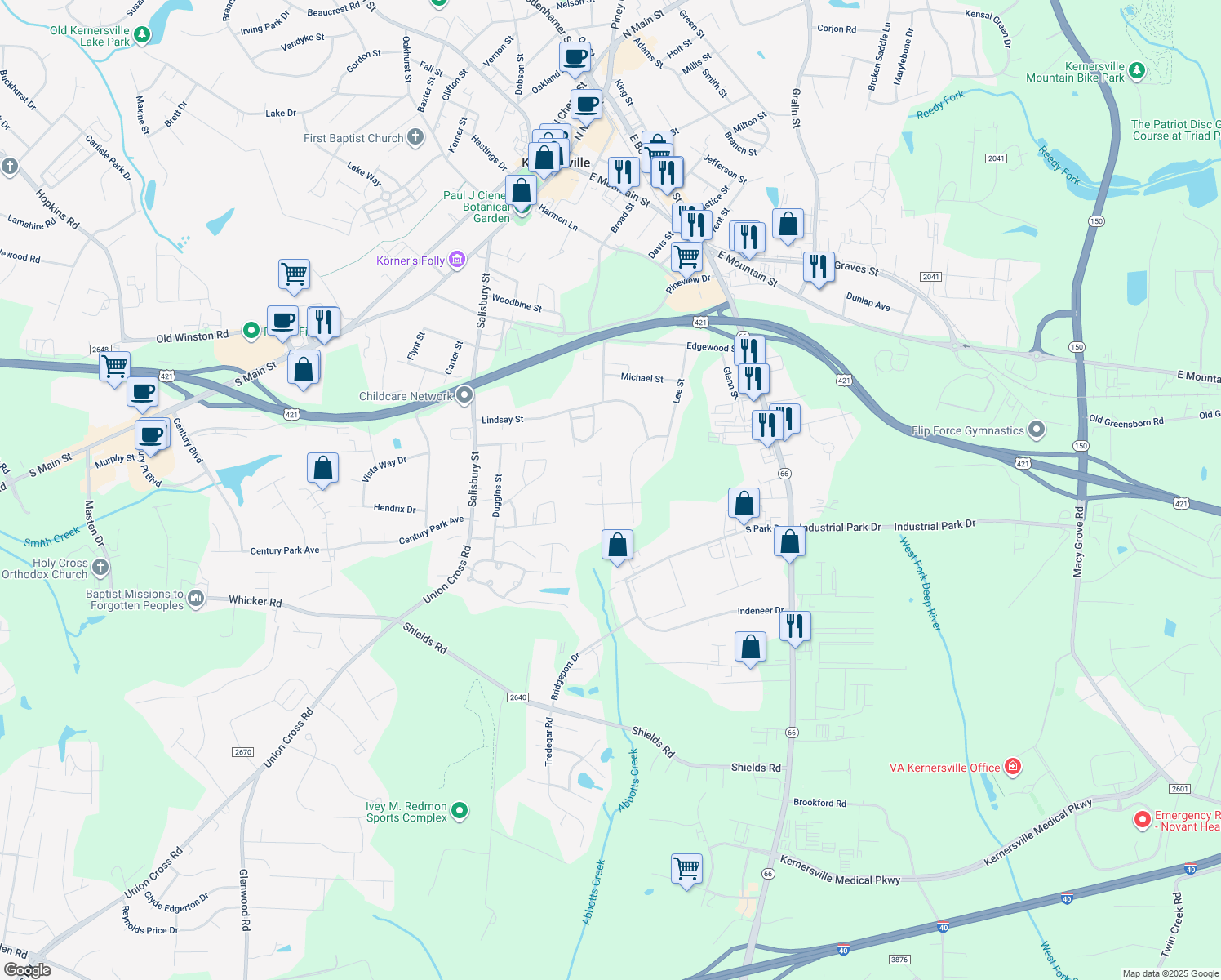 map of restaurants, bars, coffee shops, grocery stores, and more near 923 Grande Lane in Kernersville