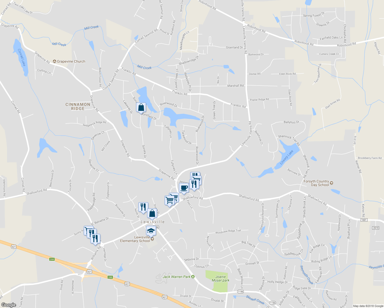 map of restaurants, bars, coffee shops, grocery stores, and more near 204 Fernham Place in Lewisville