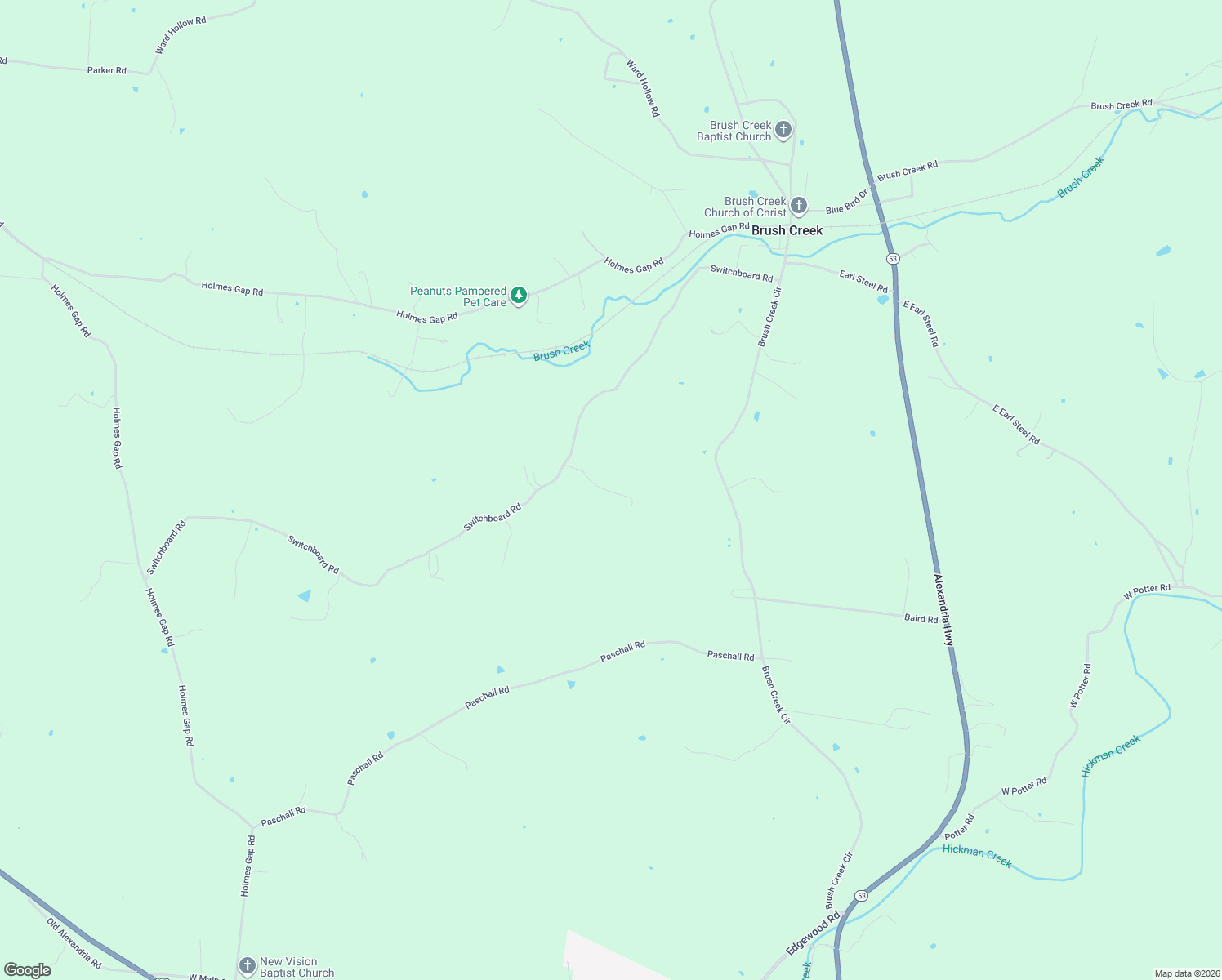 map of restaurants, bars, coffee shops, grocery stores, and more near 97 Switchboard Road in Brush Creek