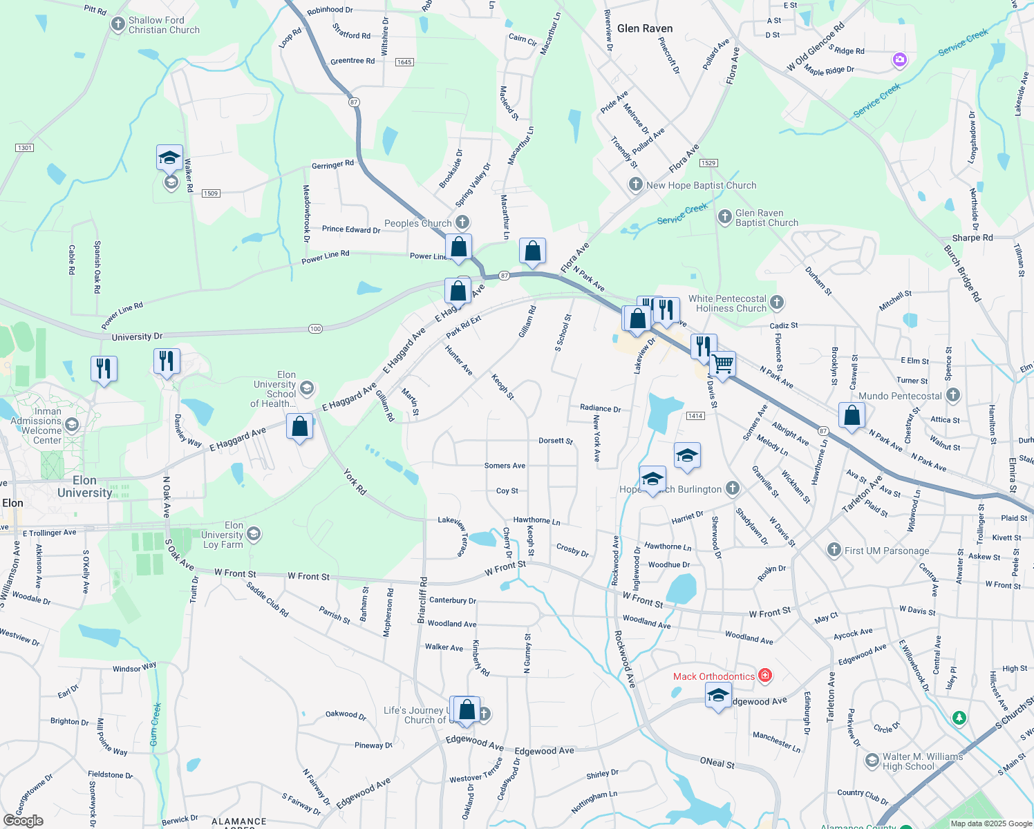 map of restaurants, bars, coffee shops, grocery stores, and more near 1806 Keogh Street in Burlington