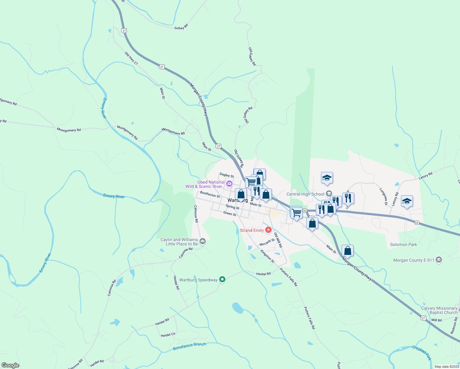map of restaurants, bars, coffee shops, grocery stores, and more near 202 Maiden Street in Wartburg