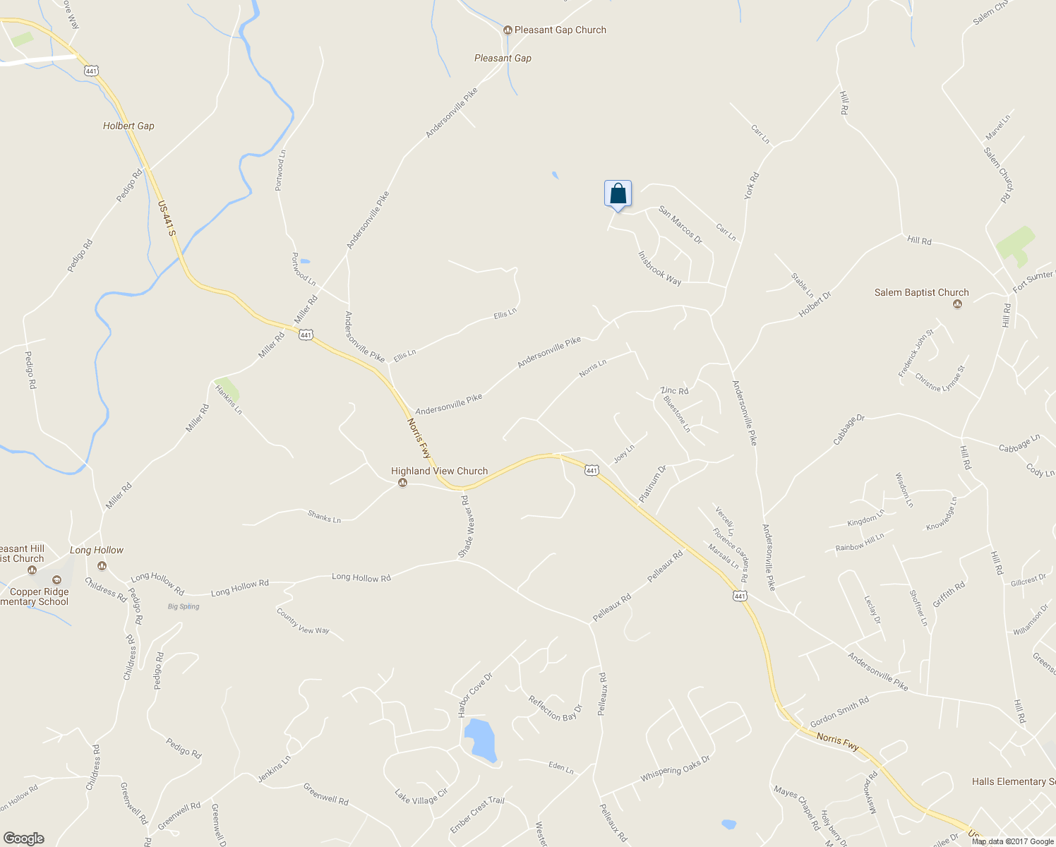 map of restaurants, bars, coffee shops, grocery stores, and more near 8525 Old Jacksboro Road in Knoxville