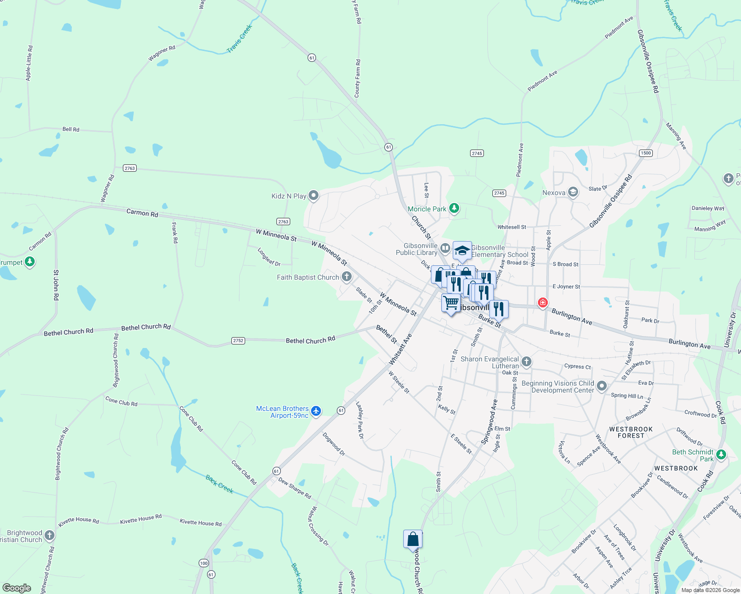 map of restaurants, bars, coffee shops, grocery stores, and more near 612 Slade Street in Gibsonville