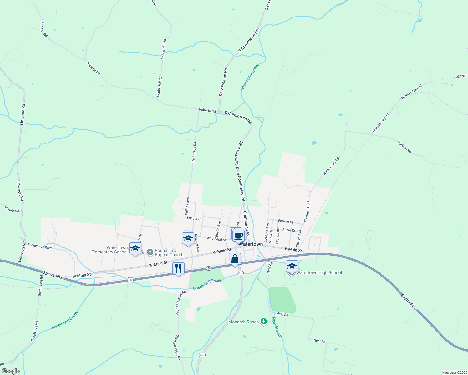 map of restaurants, bars, coffee shops, grocery stores, and more near 170 South Commerce Road in Watertown