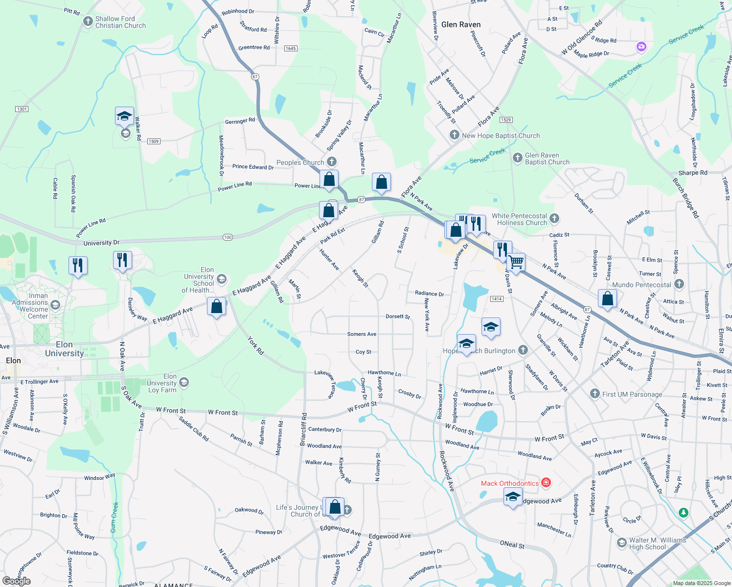 map of restaurants, bars, coffee shops, grocery stores, and more near 1814 Keogh St in Burlington